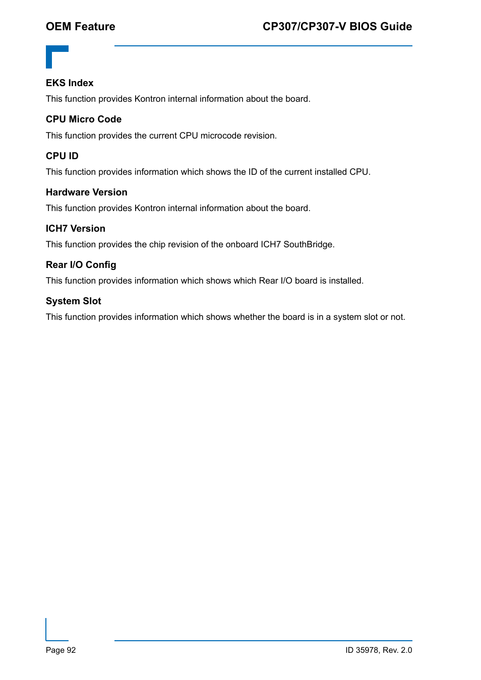 Eks index, Cpu micro code, Cpu id | Hardware version, Ich7 version, Rear i/o config, System slot | Kontron CP307-V BIOS User Manual | Page 102 / 126