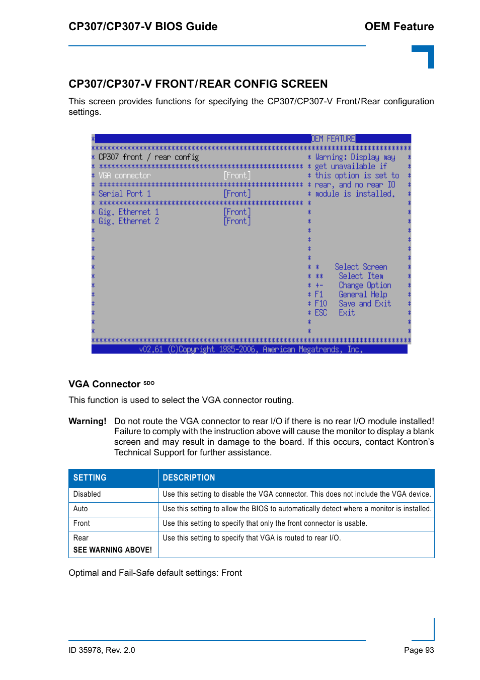 Cp307/cp307-v front / rear config screen, Vga connector sdo, Cp307/cp307-v front/rear config screen | Vga connector | Kontron CP307-V BIOS User Manual | Page 103 / 126