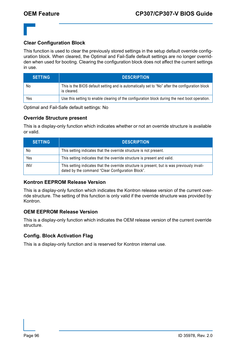 Clear configuration block, Override structure present, Kontron eeprom release version | Oem eeprom release version, Config. block activation flag | Kontron CP307-V BIOS User Manual | Page 106 / 126