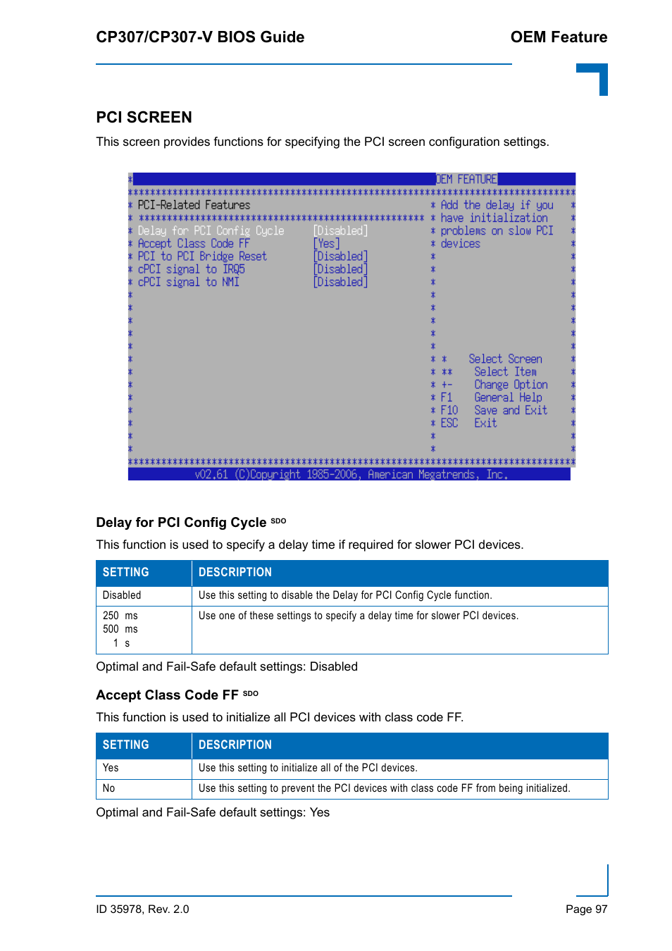 Pci screen, Delay for pci config cycle sdo, Accept class code ff sdo | Delay for pci config cycle, Accept class code ff | Kontron CP307-V BIOS User Manual | Page 107 / 126