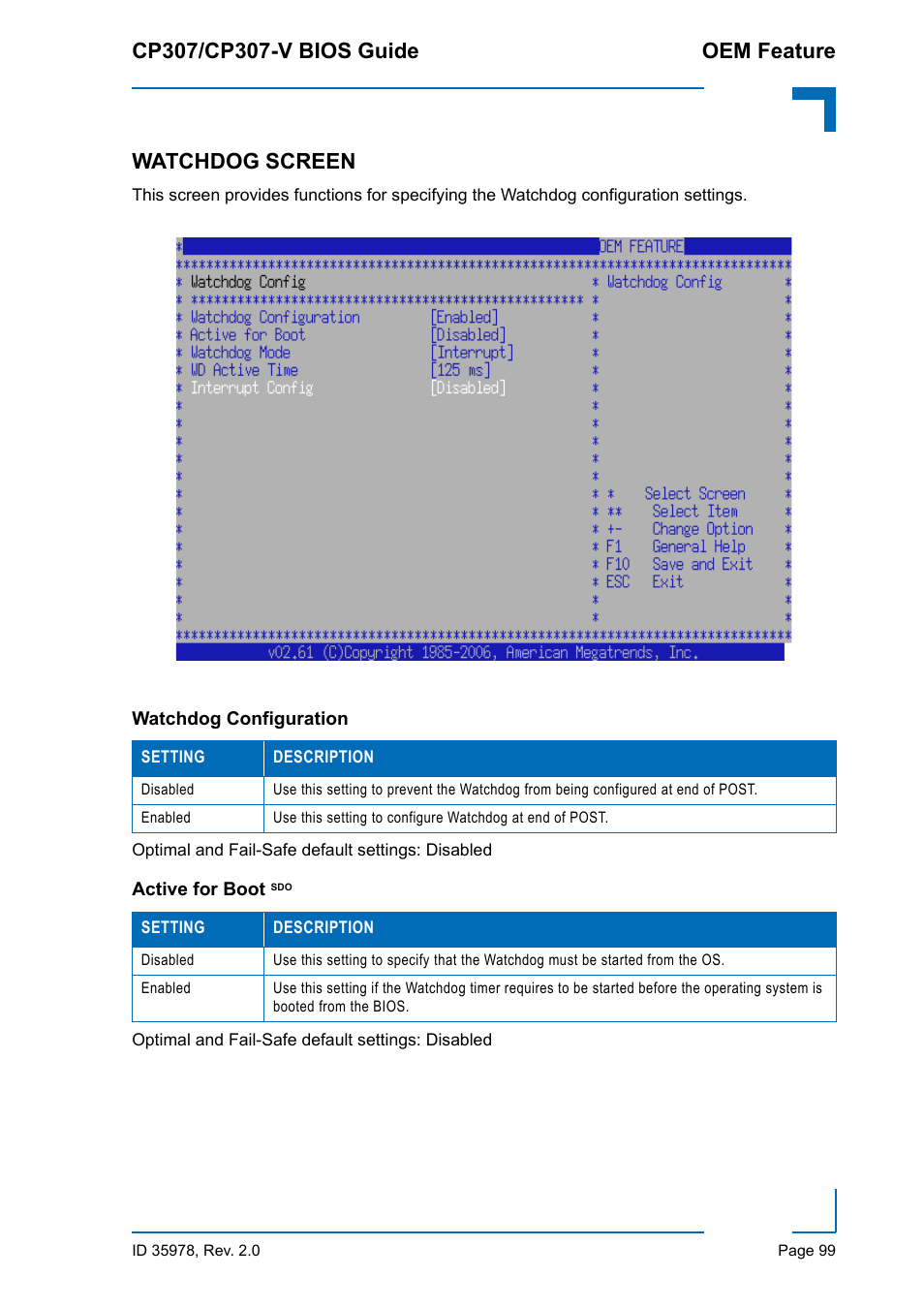 Watchdog screen, Watchdog configuration, Active for boot sdo | Watchdog configuration active for boot | Kontron CP307-V BIOS User Manual | Page 109 / 126