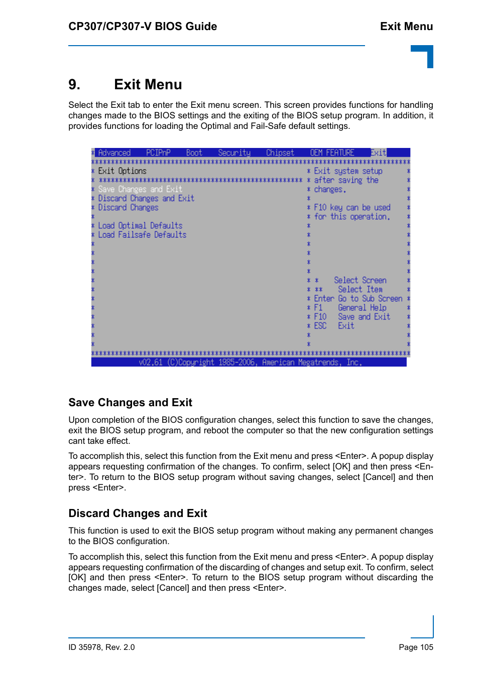 Exit menu, Save changes and exit, Discard changes and exit | Save changes and exit discard changes and exit | Kontron CP307-V BIOS User Manual | Page 115 / 126