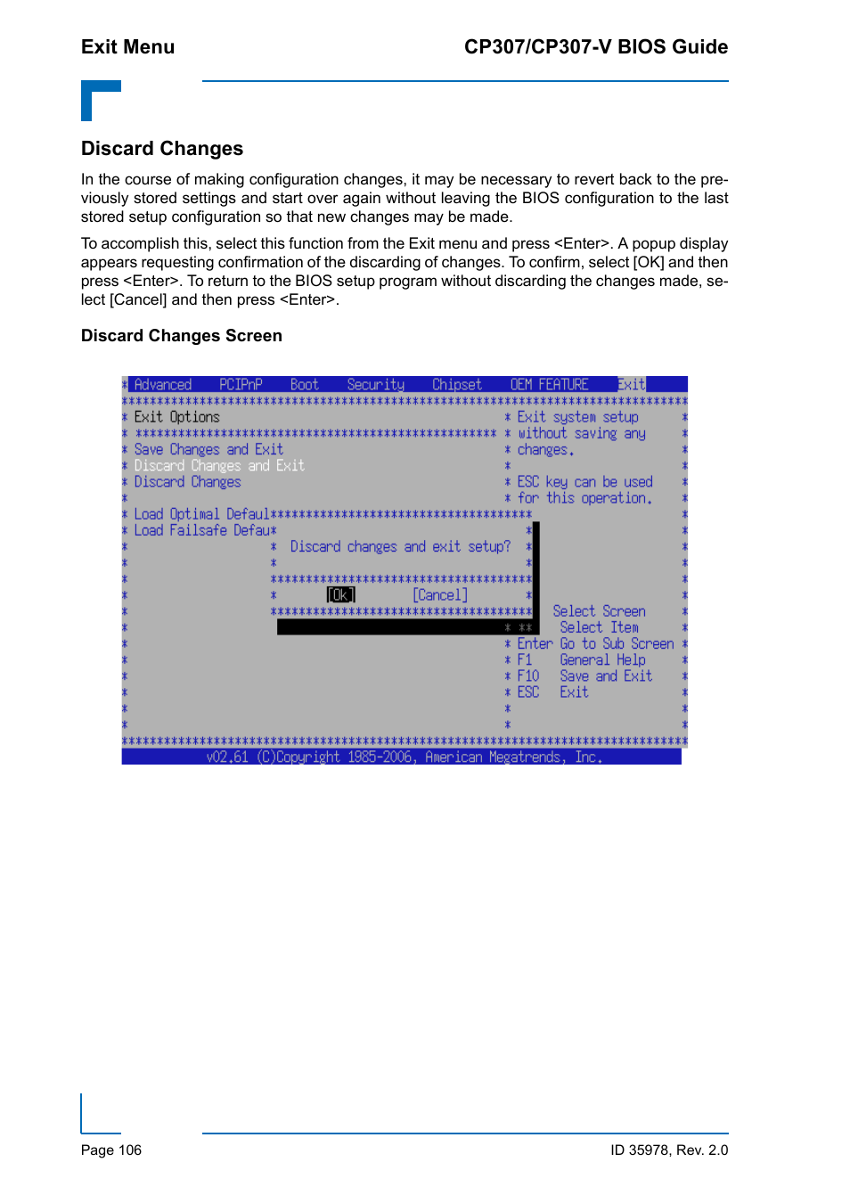 Discard changes, Discard changes screen | Kontron CP307-V BIOS User Manual | Page 116 / 126