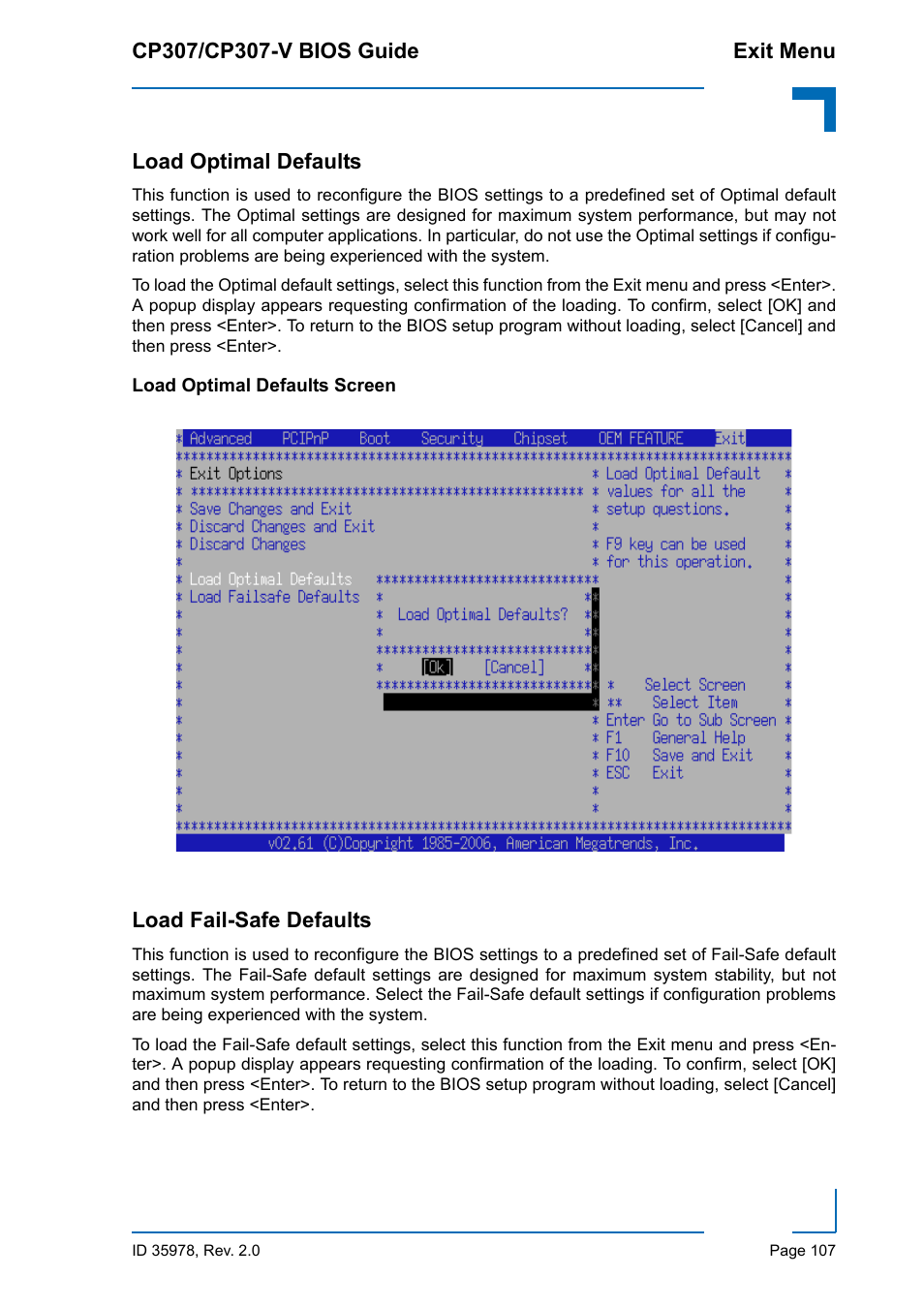 Load optimal defaults, Load optimal defaults screen, Load fail-safe defaults | Kontron CP307-V BIOS User Manual | Page 117 / 126