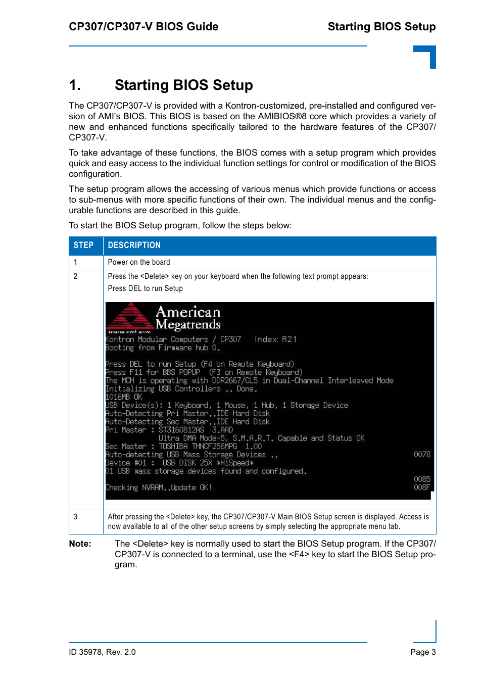 Starting bios setup | Kontron CP307-V BIOS User Manual | Page 13 / 126