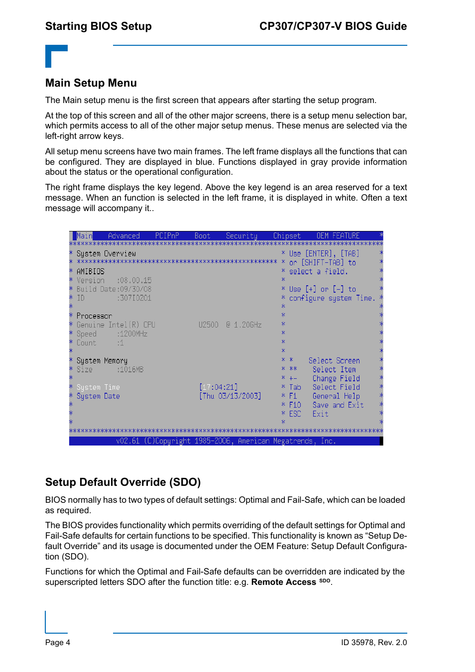 Main setup menu, Setup default override (sdo), Main setup menu setup default override (sdo) | Kontron CP307-V BIOS User Manual | Page 14 / 126