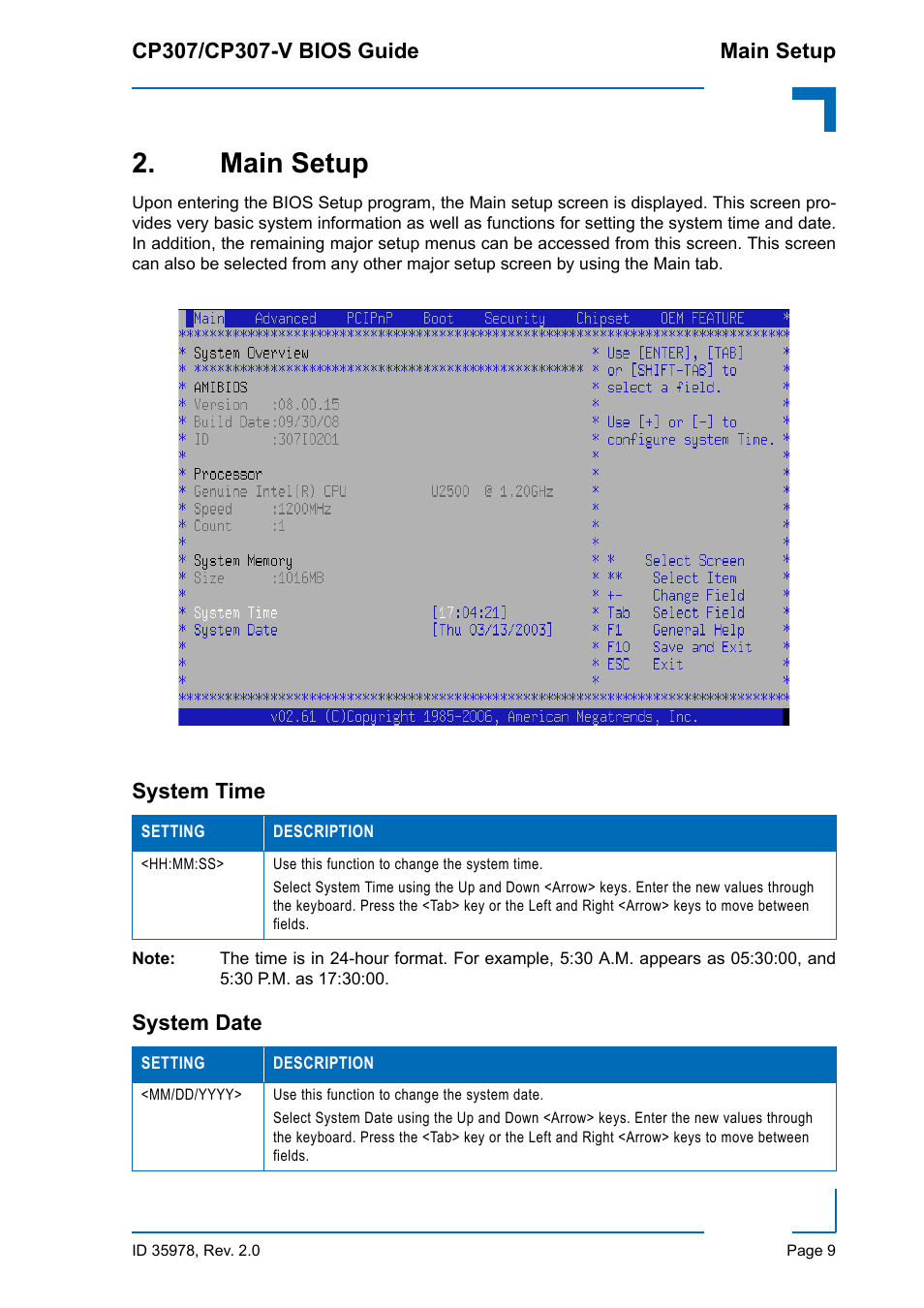 Main setup, System time, System date | System time system date | Kontron CP307-V BIOS User Manual | Page 19 / 126