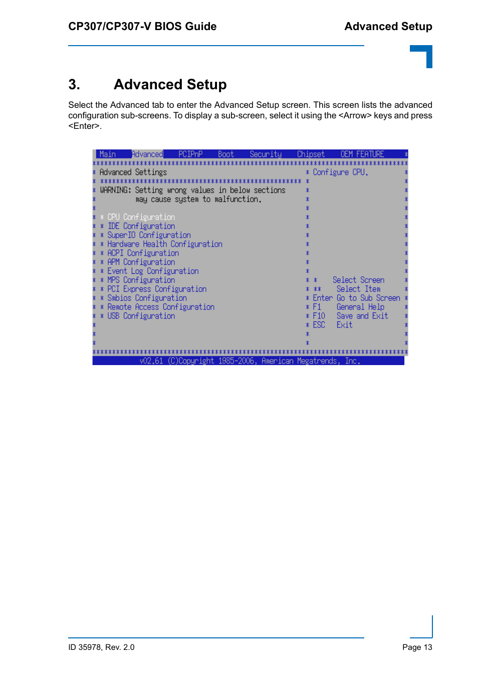 Advanced setup | Kontron CP307-V BIOS User Manual | Page 23 / 126