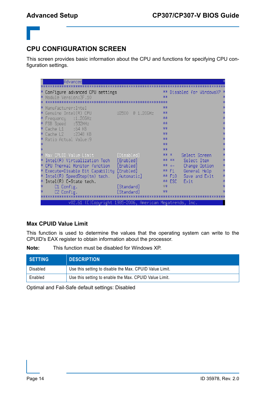 Cpu configuration screen, Max cpuid value limit | Kontron CP307-V BIOS User Manual | Page 24 / 126