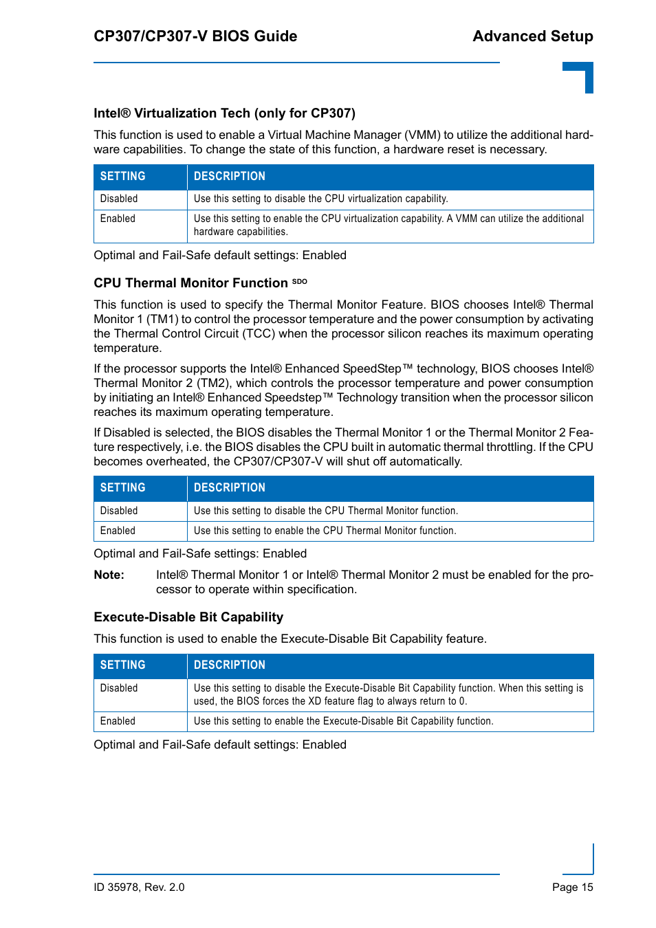 Intel® virtualization tech (only for cp307), Cpu thermal monitor function sdo, Execute-disable bit capability | Kontron CP307-V BIOS User Manual | Page 25 / 126