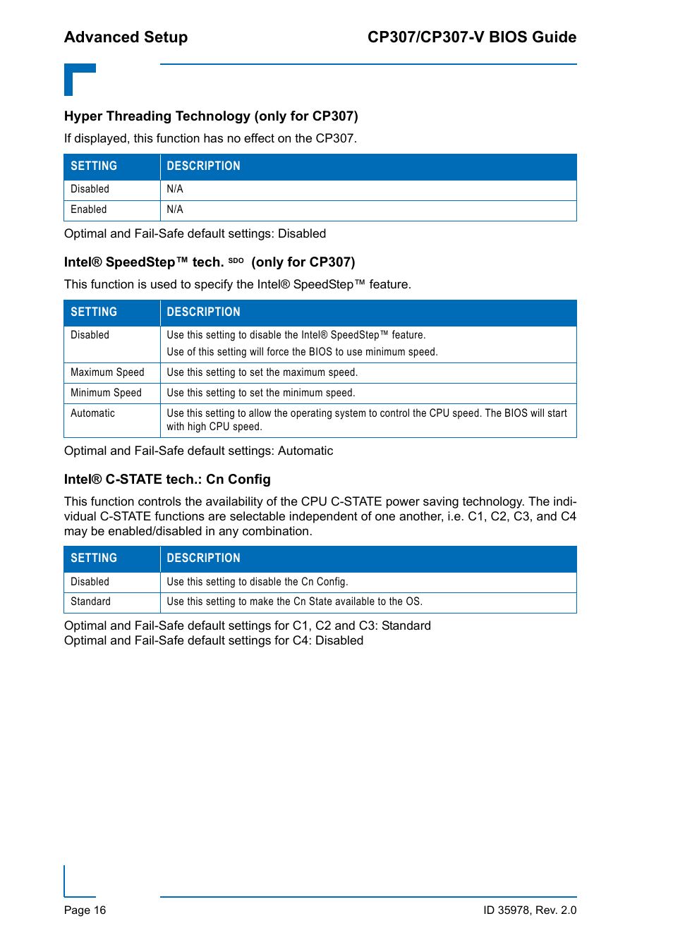 Hyper threading technology (only for cp307), Intel® speedstep™ tech. sdo (only for cp307), Intel® c-state tech.: cn config | Kontron CP307-V BIOS User Manual | Page 26 / 126