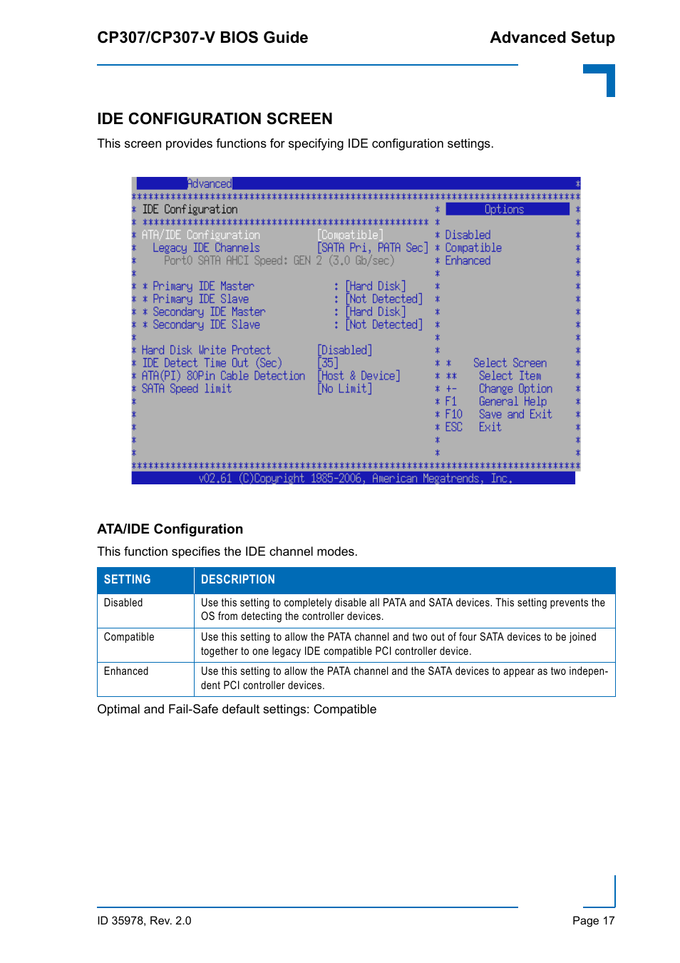 Ide configuration screen, Ata/ide configuration | Kontron CP307-V BIOS User Manual | Page 27 / 126