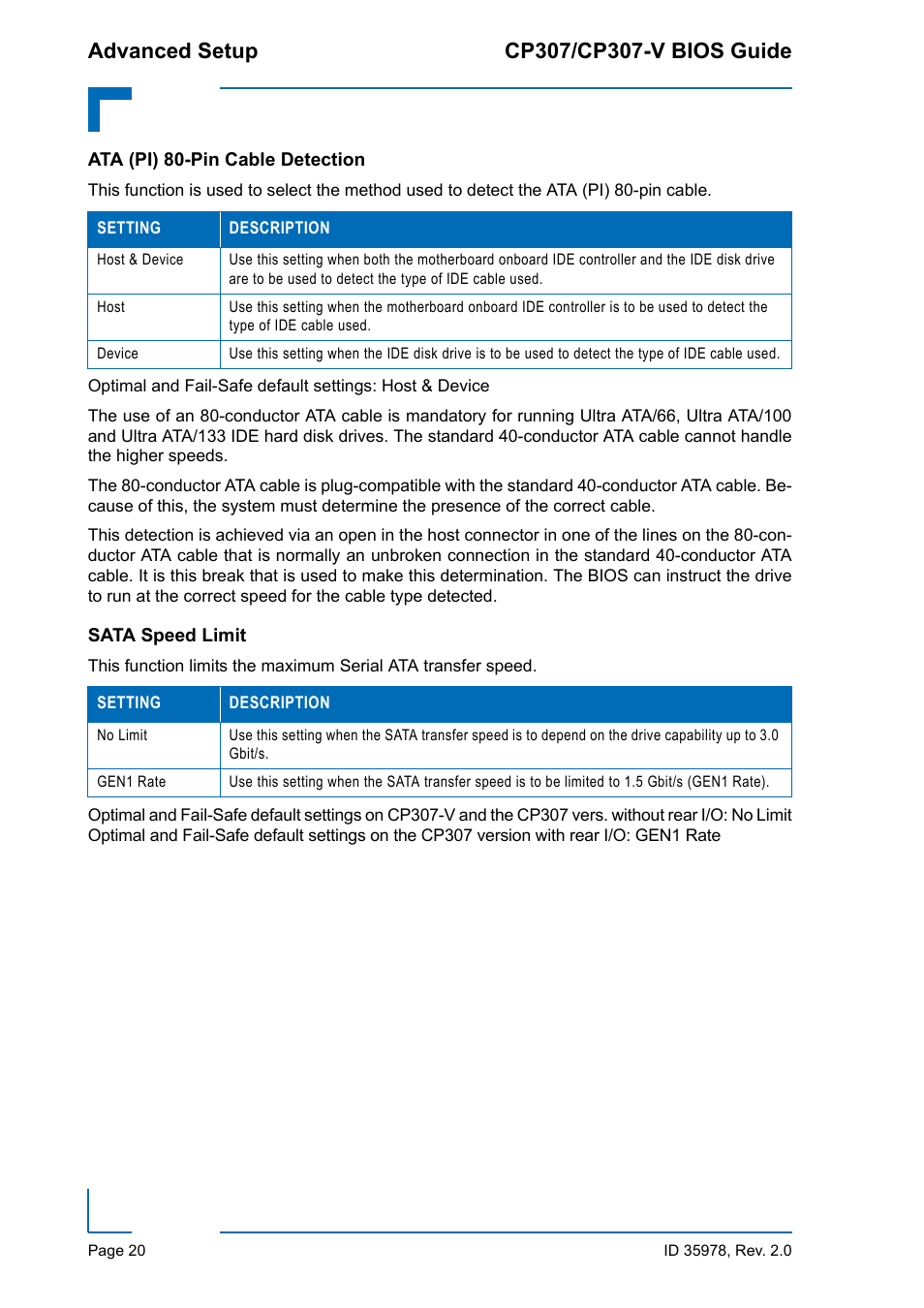 Ata (pi) 80-pin cable detection, Sata speed limit, Ata (pi) 80-pin cable detection sata speed limit | Kontron CP307-V BIOS User Manual | Page 30 / 126