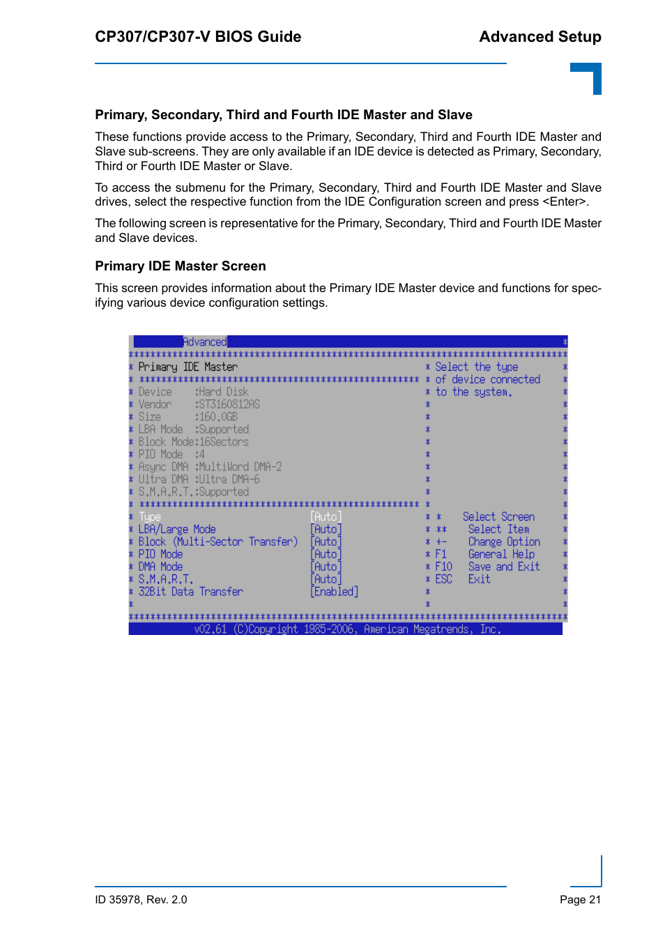 Primary ide master screen | Kontron CP307-V BIOS User Manual | Page 31 / 126