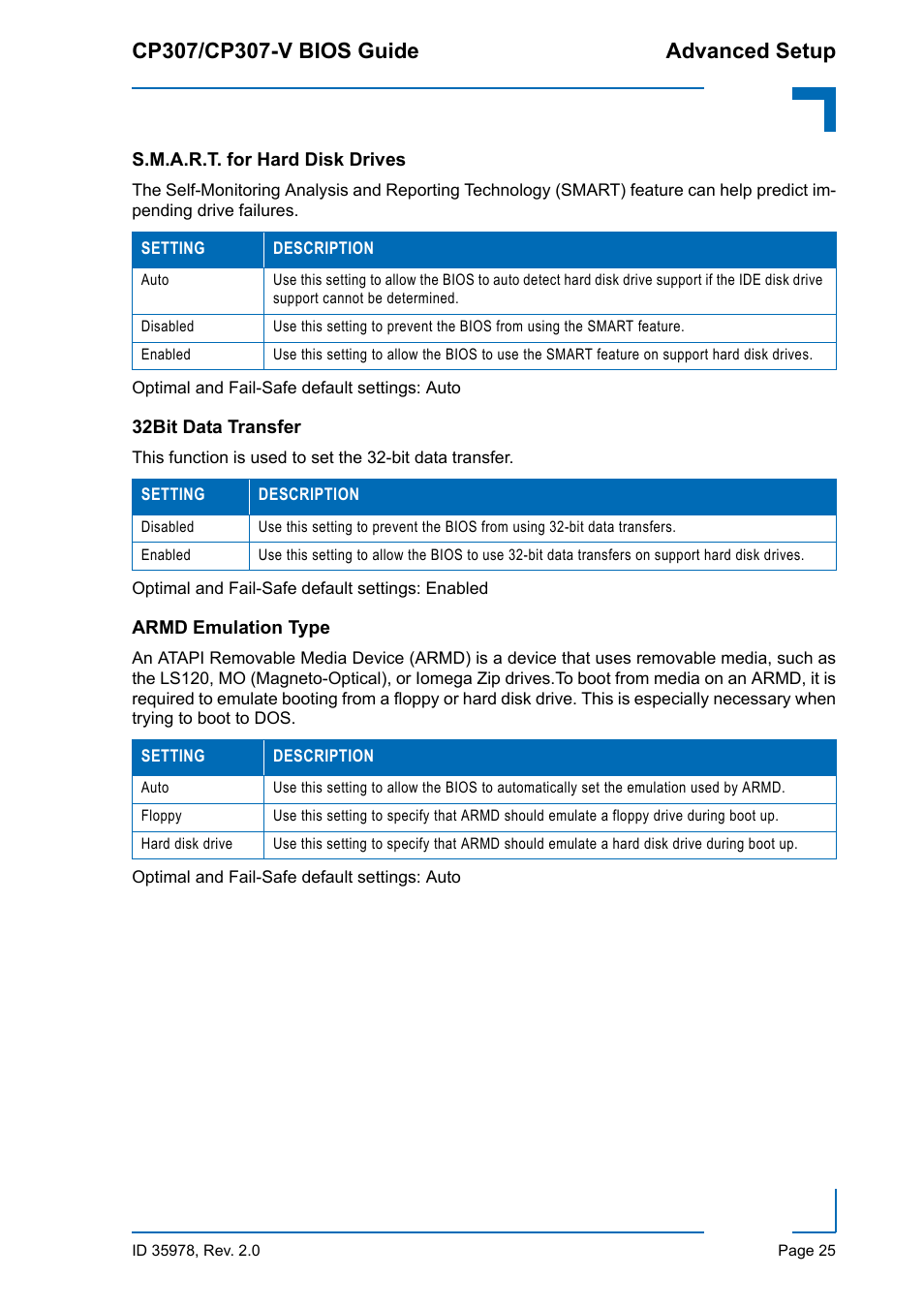 S.m.a.r.t. for hard disk drives, 32bit data transfer, Armd emulation type | Kontron CP307-V BIOS User Manual | Page 35 / 126