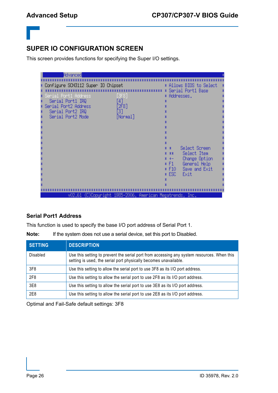 Super io configuration screen, Serial port1 address | Kontron CP307-V BIOS User Manual | Page 36 / 126