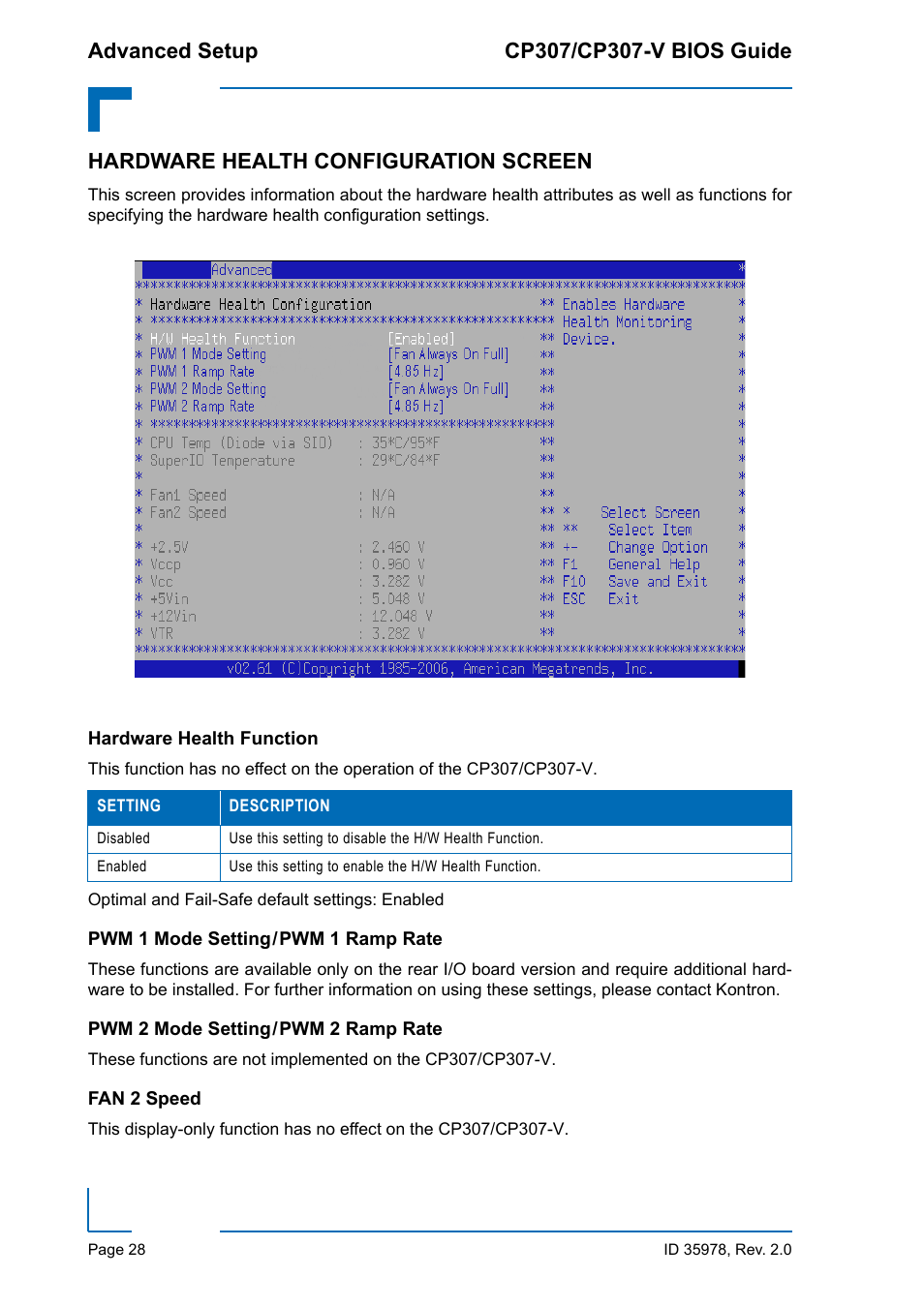 Hardware health configuration screen, Hardware health function, Pwm 1 mode setting / pwm 1 ramp rate | Pwm 2 mode setting / pwm 2 ramp rate, Fan 2 speed | Kontron CP307-V BIOS User Manual | Page 38 / 126