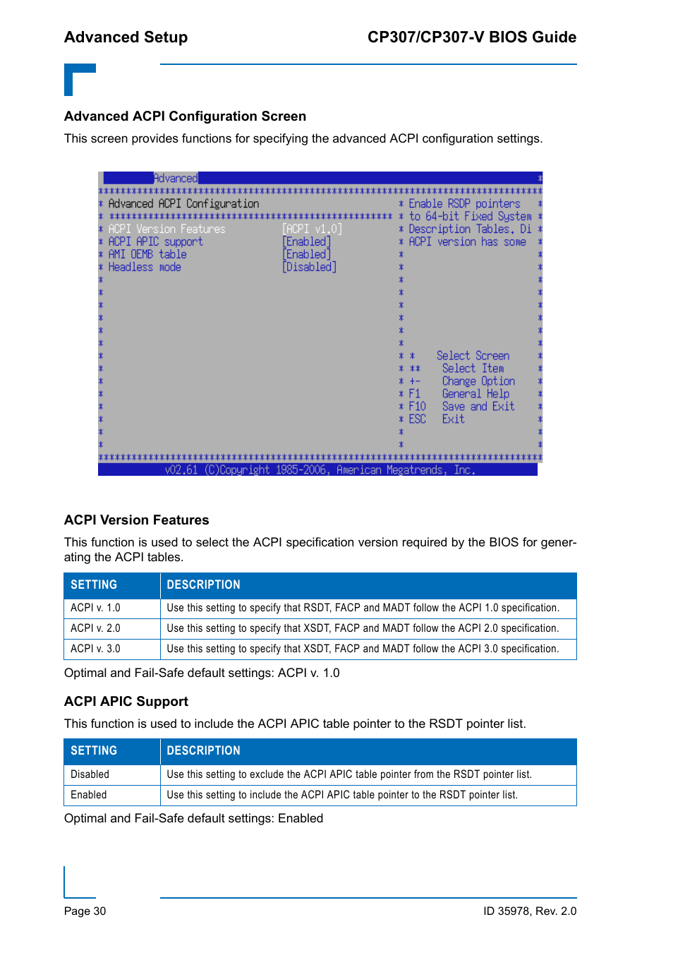 Advanced acpi configuration screen, Acpi version features, Acpi apic support | Acpi version features acpi apic support | Kontron CP307-V BIOS User Manual | Page 40 / 126