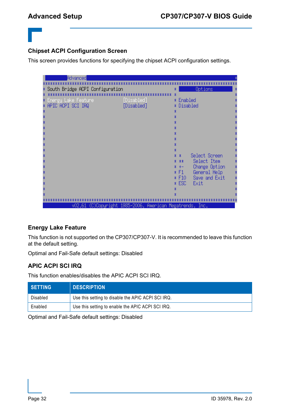 Chipset acpi configuration screen, Energy lake feature, Apic acpi sci irq | Energy lake feature apic acpi sci irq | Kontron CP307-V BIOS User Manual | Page 42 / 126