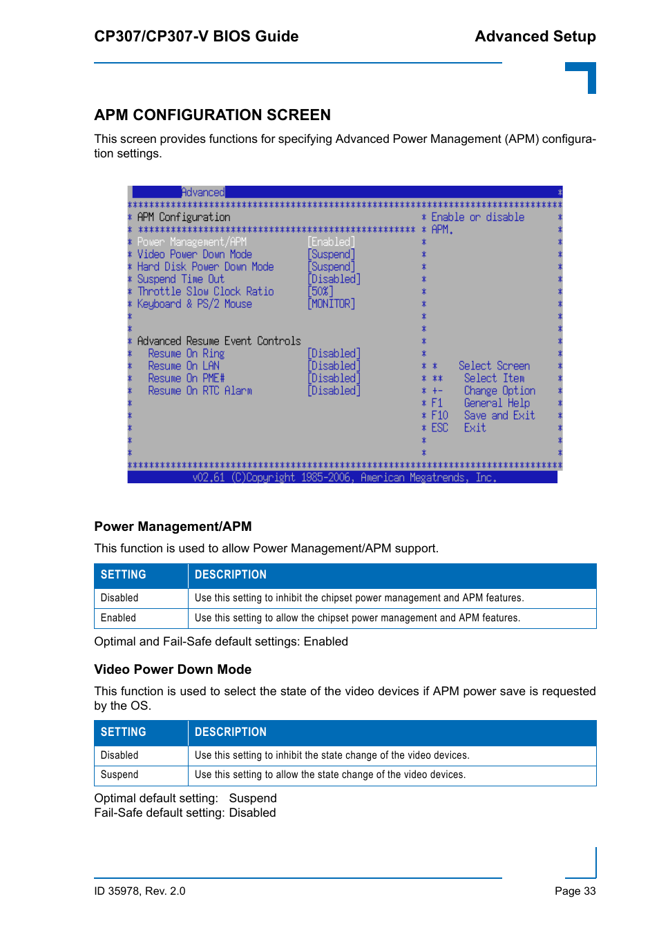 Apm configuration screen, Power management/apm, Video power down mode | Power management/apm video power down mode | Kontron CP307-V BIOS User Manual | Page 43 / 126