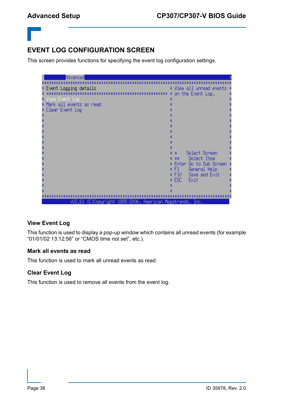 Event log configuration screen, View event log, Mark all events as read | Clear event log | Kontron CP307-V BIOS User Manual | Page 46 / 126