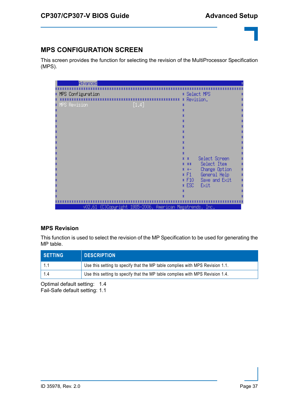Mps configuration screen, Mps revision | Kontron CP307-V BIOS User Manual | Page 47 / 126
