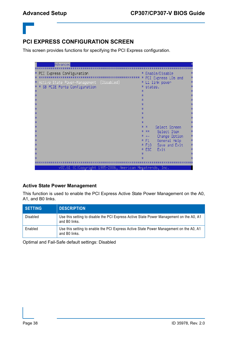 Pci express configuration screen, Active state power management | Kontron CP307-V BIOS User Manual | Page 48 / 126