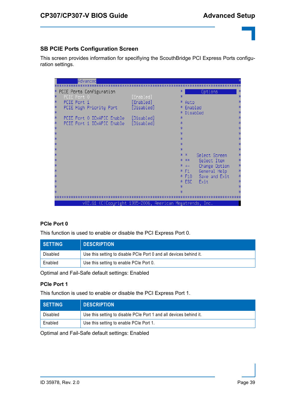 Sb pcie ports configuration screen, Pcie port 0, Pcie port 1 | Pcie port 0 pcie port 1 | Kontron CP307-V BIOS User Manual | Page 49 / 126