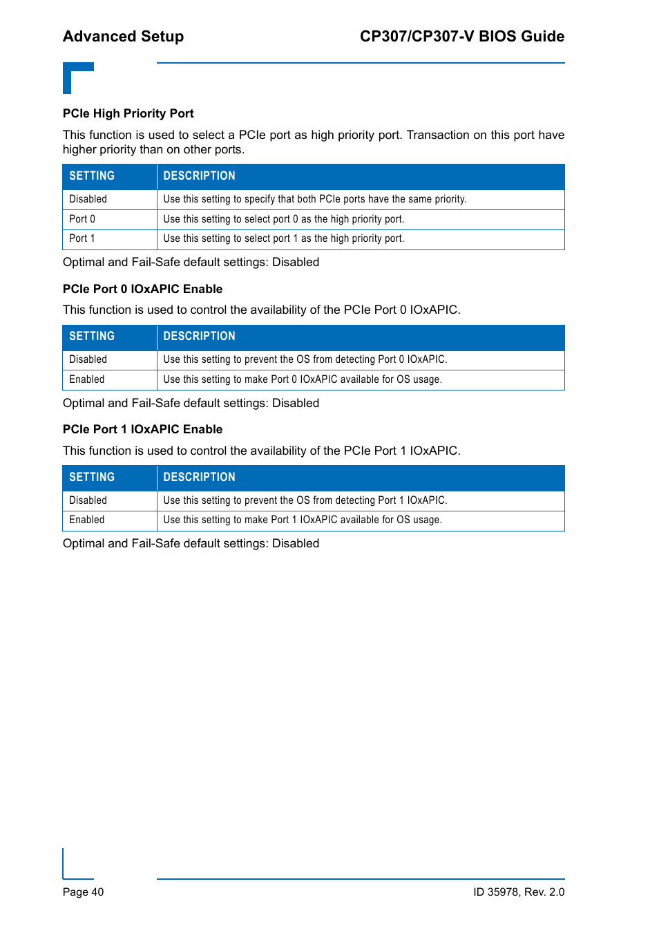 Pcie high priority port, Pcie port 0 ioxapic enable, Pcie port 1 ioxapic enable | Kontron CP307-V BIOS User Manual | Page 50 / 126
