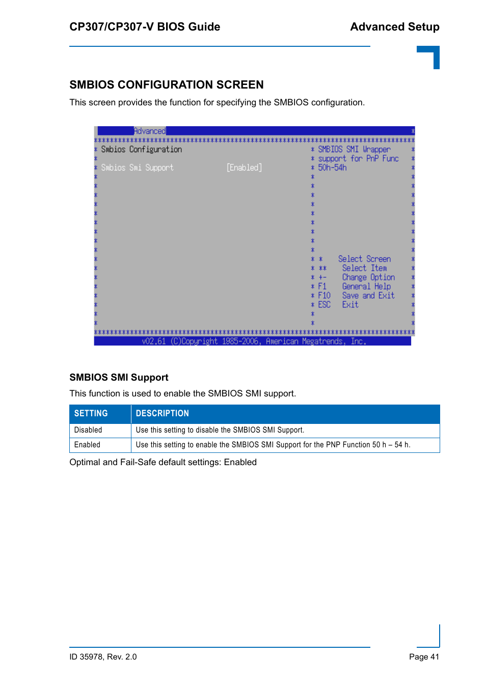 Smbios configuration screen, Smbios smi support | Kontron CP307-V BIOS User Manual | Page 51 / 126