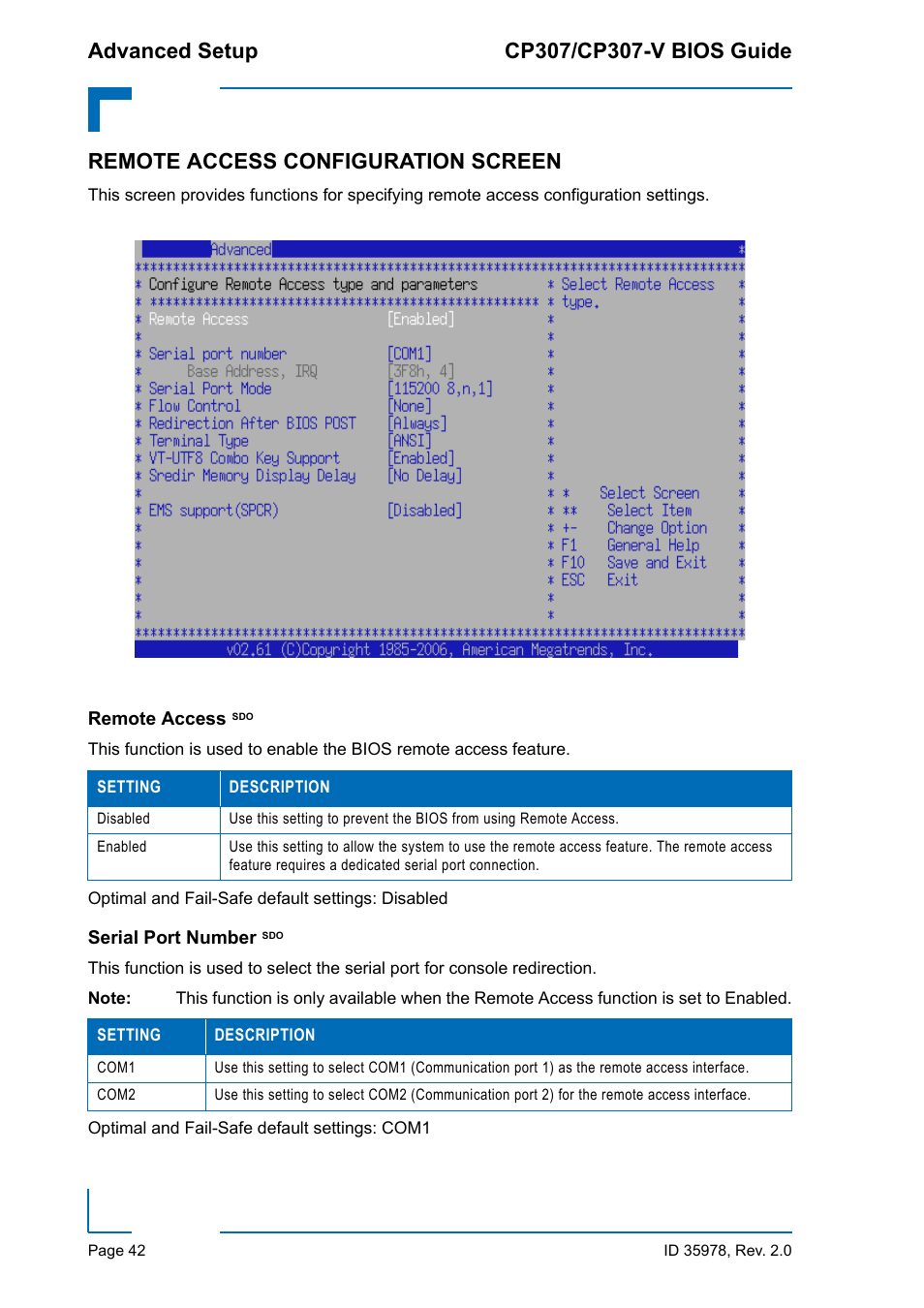 Remote access configuration screen, Remote access sdo, Serial port number sdo | Remote access, Serial port number | Kontron CP307-V BIOS User Manual | Page 52 / 126