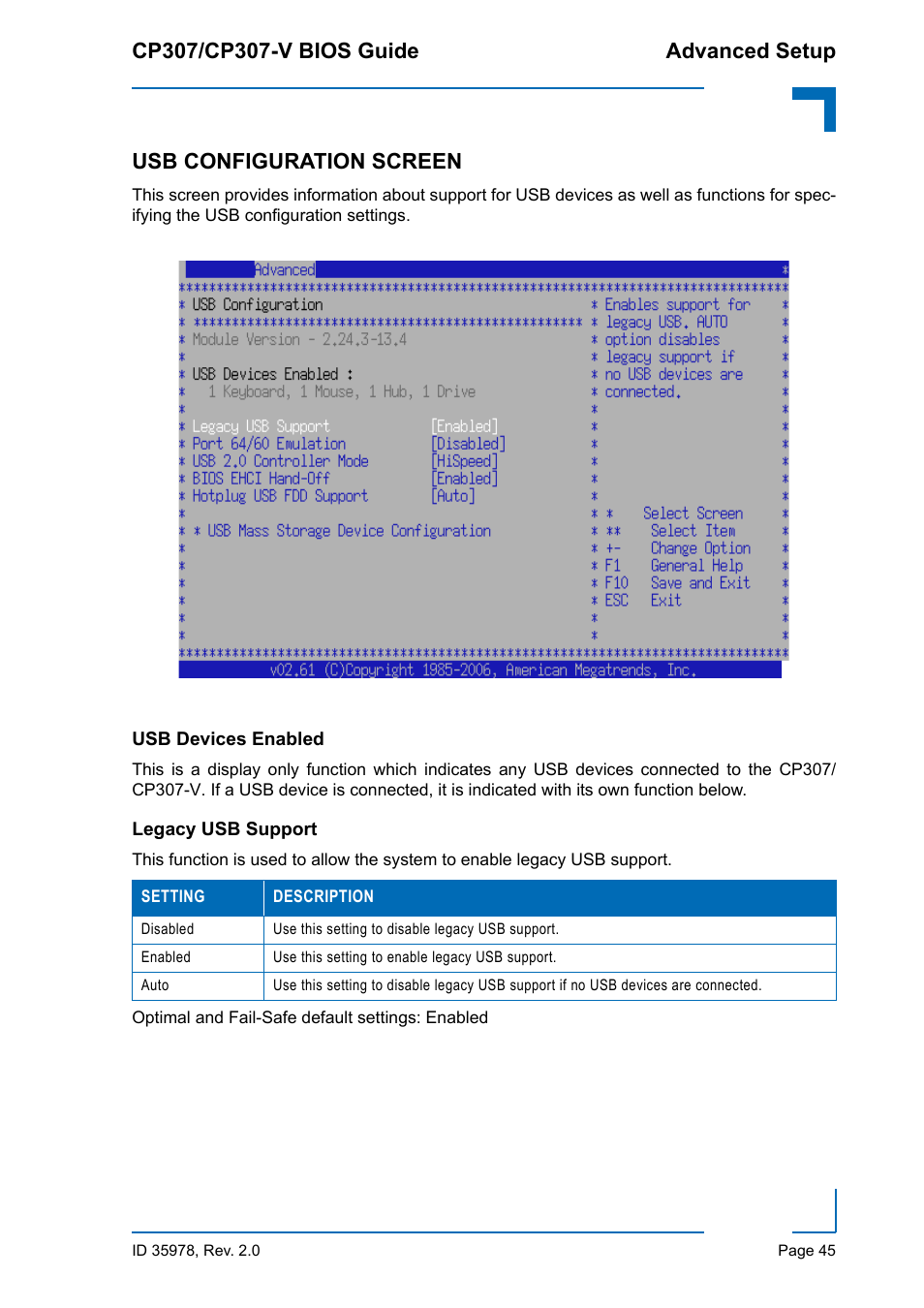 Usb configuration screen, Usb devices enabled, Legacy usb support | Usb devices enabled legacy usb support | Kontron CP307-V BIOS User Manual | Page 55 / 126