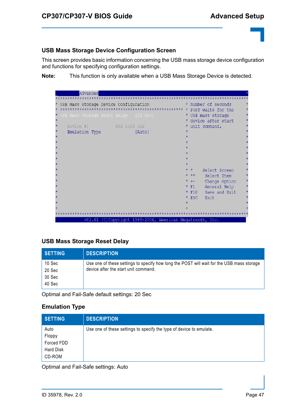 Usb mass storage device configuration screen, Usb mass storage reset delay, Emulation type | Usb mass storage reset delay emulation type | Kontron CP307-V BIOS User Manual | Page 57 / 126