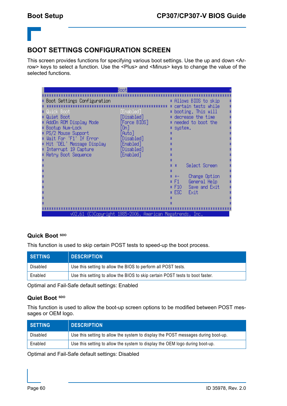 Boot settings configuration screen, Quick boot sdo, Quiet boot sdo | Quick boot, Quiet boot | Kontron CP307-V BIOS User Manual | Page 70 / 126