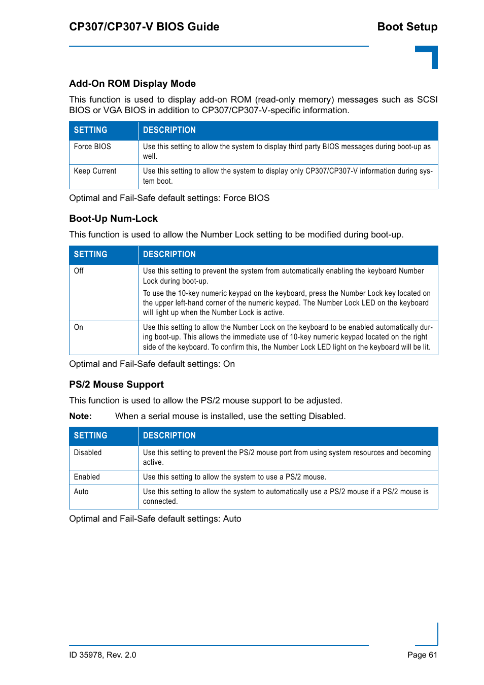 Add-on rom display mode, Boot-up num-lock, Ps/2 mouse support | Kontron CP307-V BIOS User Manual | Page 71 / 126