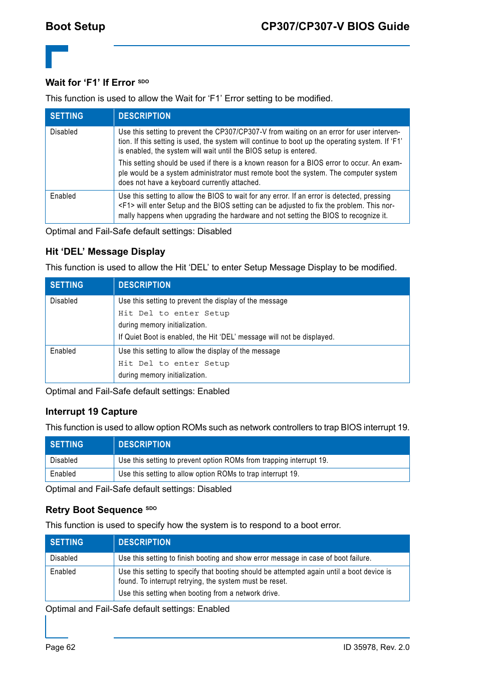 Wait for ‘f1’ if error sdo, Hit ‘del’ message display, Interrupt 19 capture | Retry boot sequence sdo, Wait for ‘f1’ if error | Kontron CP307-V BIOS User Manual | Page 72 / 126