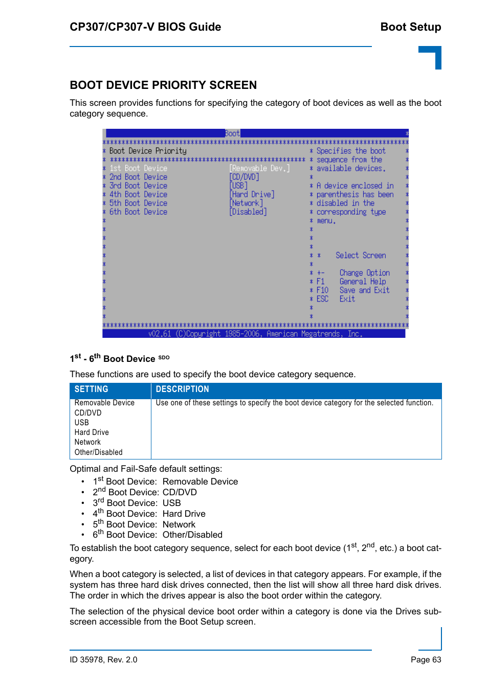 Boot device priority screen, 1st - 6th boot device sdo, 1st - 6th boot device | Kontron CP307-V BIOS User Manual | Page 73 / 126