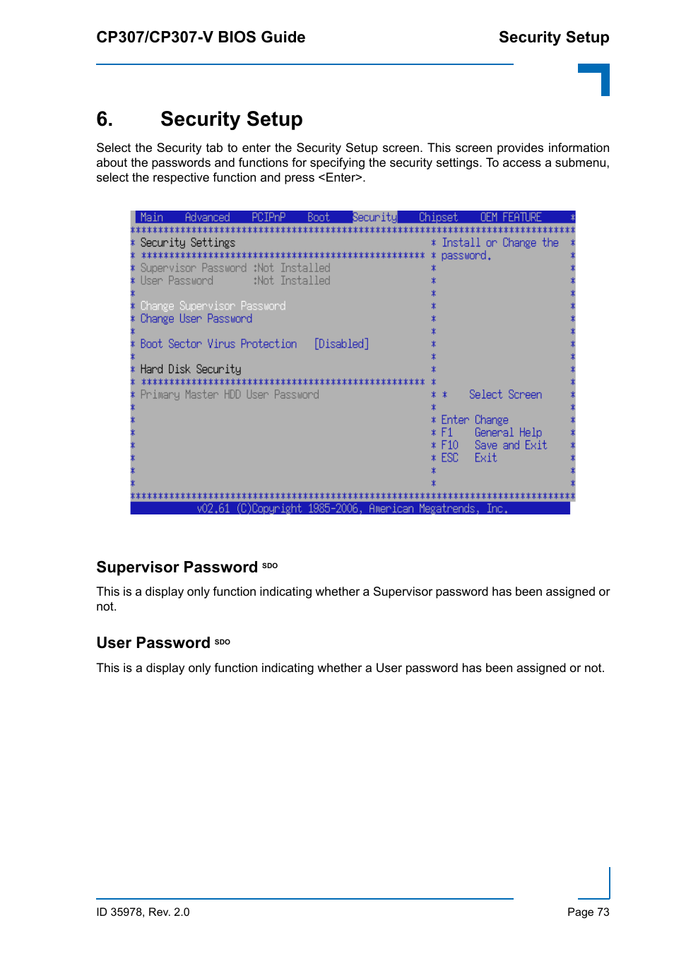 Security setup, Supervisor password sdo, User password sdo | Supervisor password, User password | Kontron CP307-V BIOS User Manual | Page 83 / 126