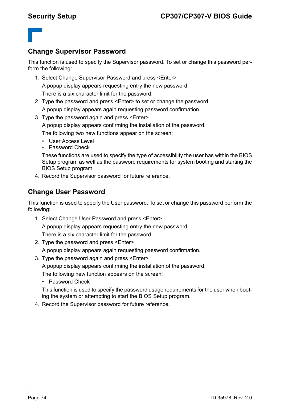 Change supervisor password, Change user password, Change supervisor password change user password | Kontron CP307-V BIOS User Manual | Page 84 / 126