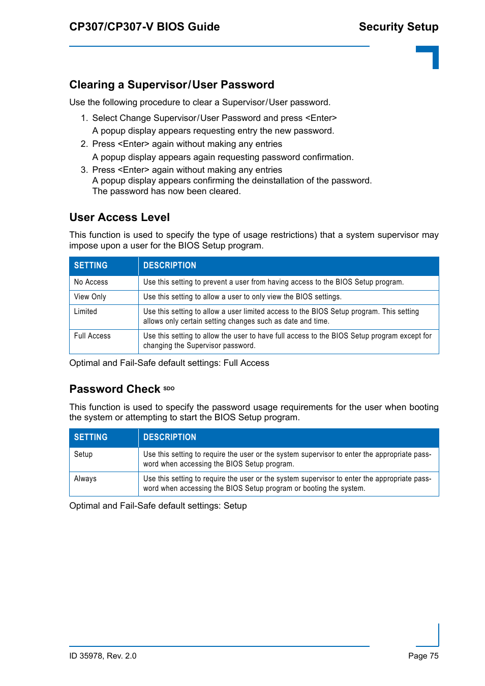Clearing a supervisor / user password, User access level, Password check sdo | Clearing a supervisor/user password, Password check | Kontron CP307-V BIOS User Manual | Page 85 / 126