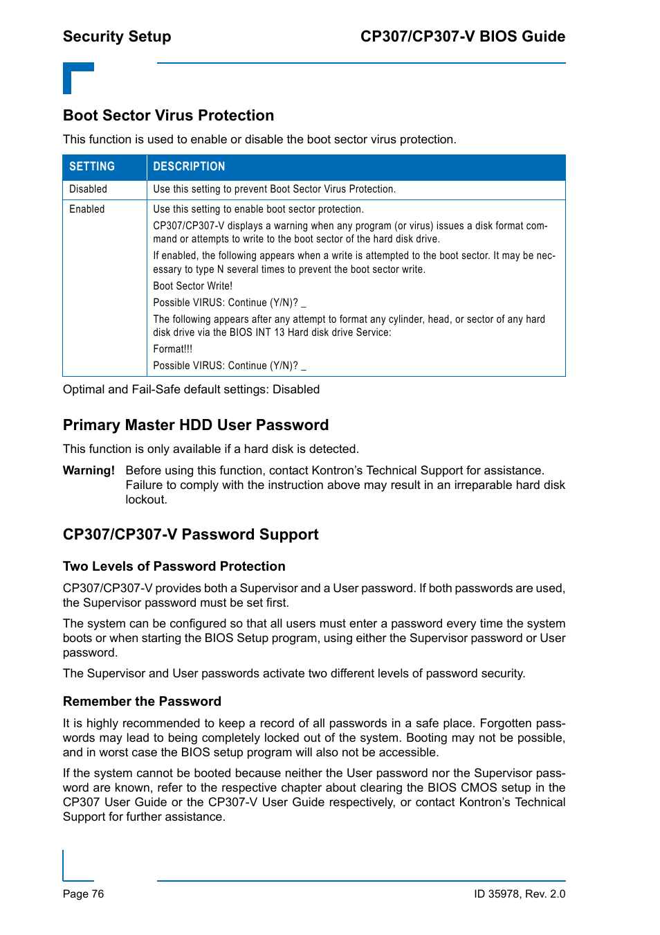 Boot sector virus protection, Primary master hdd user password, Cp307/cp307-v password support | Two levels of password protection, Remember the password | Kontron CP307-V BIOS User Manual | Page 86 / 126