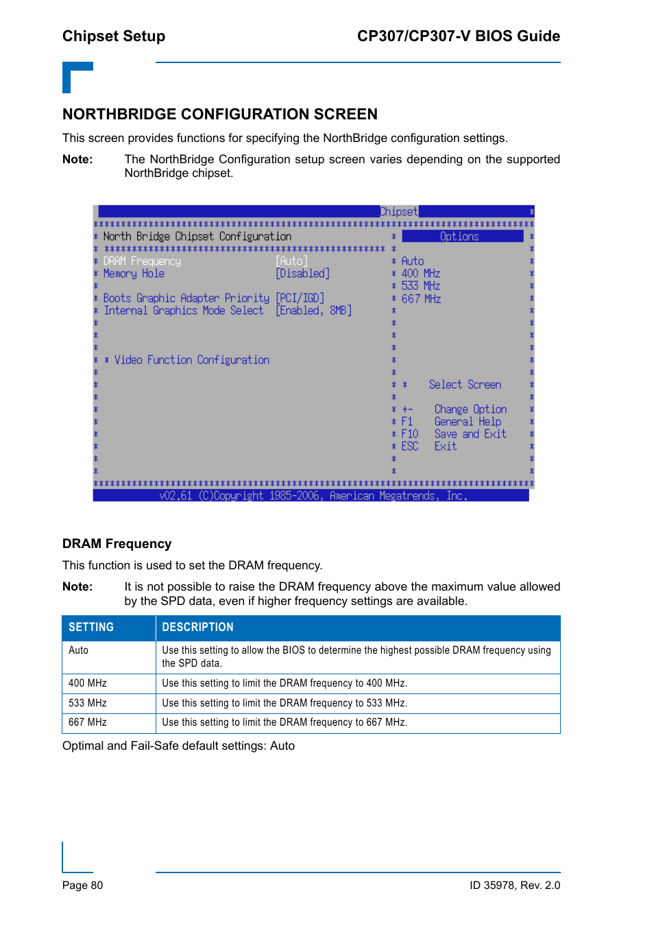 Northbridge configuration screen, Dram frequency | Kontron CP307-V BIOS User Manual | Page 90 / 126