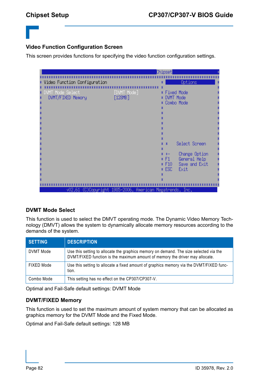 Video function configuration screen, Dvmt mode select, Dvmt/fixed memory | Dvmt mode select dvmt/fixed memory | Kontron CP307-V BIOS User Manual | Page 92 / 126