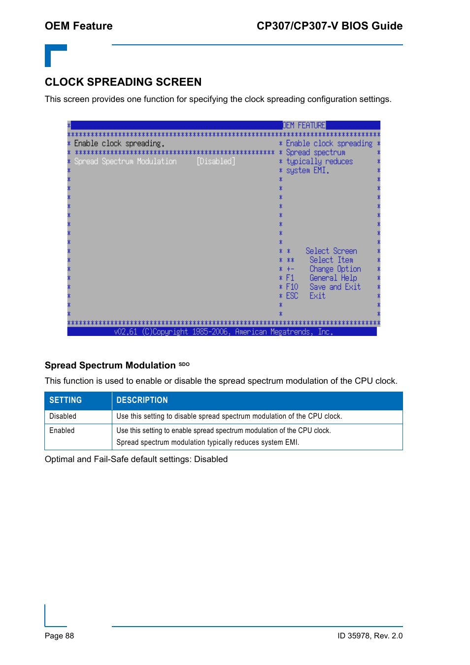 Clock spreading screen, Spread spectrum modulation sdo, Spread spectrum modulation | Kontron CP307-V BIOS User Manual | Page 98 / 126