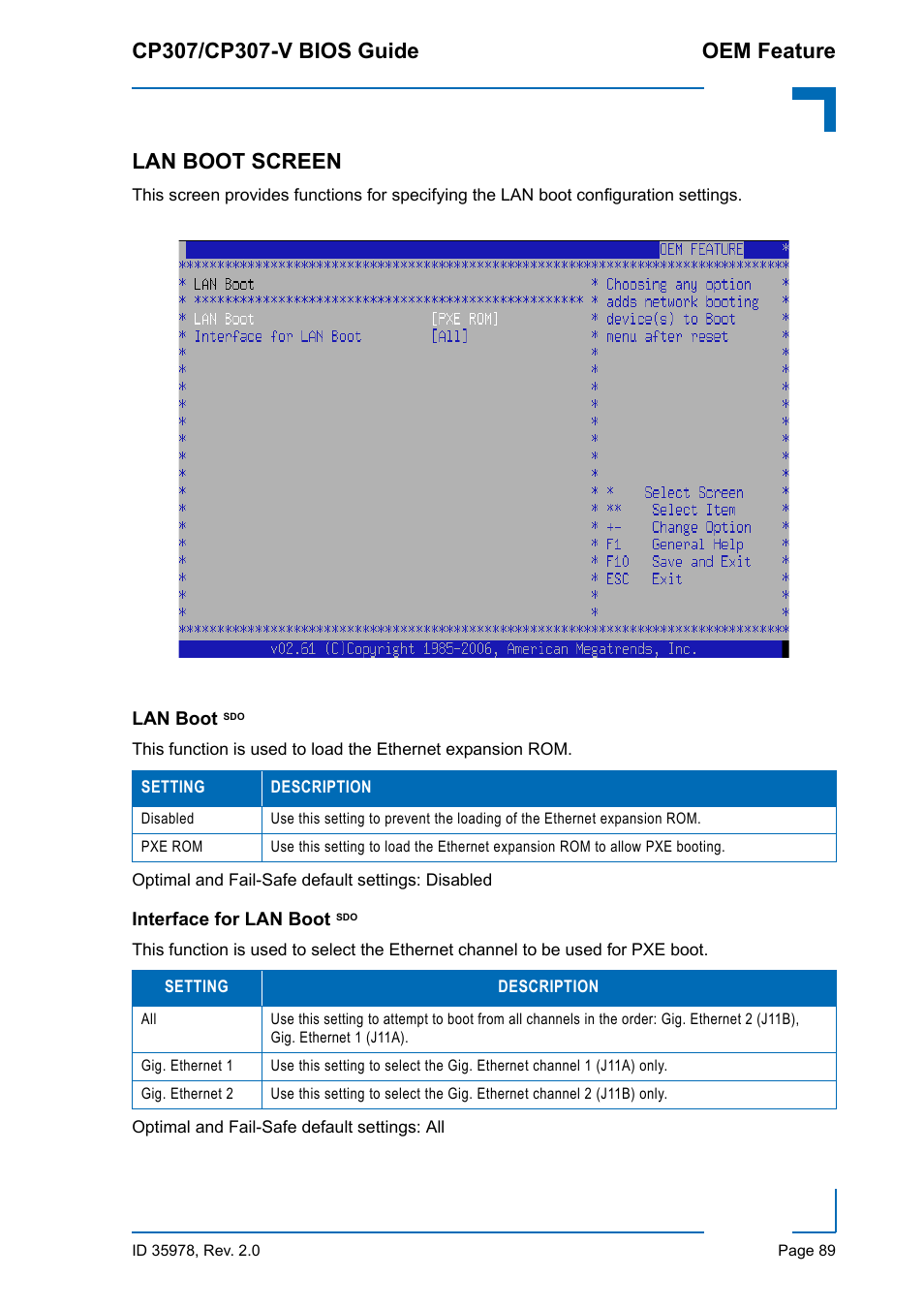 Lan boot screen, Lan boot sdo, Interface for lan boot sdo | Lan boot, Interface for lan boot | Kontron CP307-V BIOS User Manual | Page 99 / 126