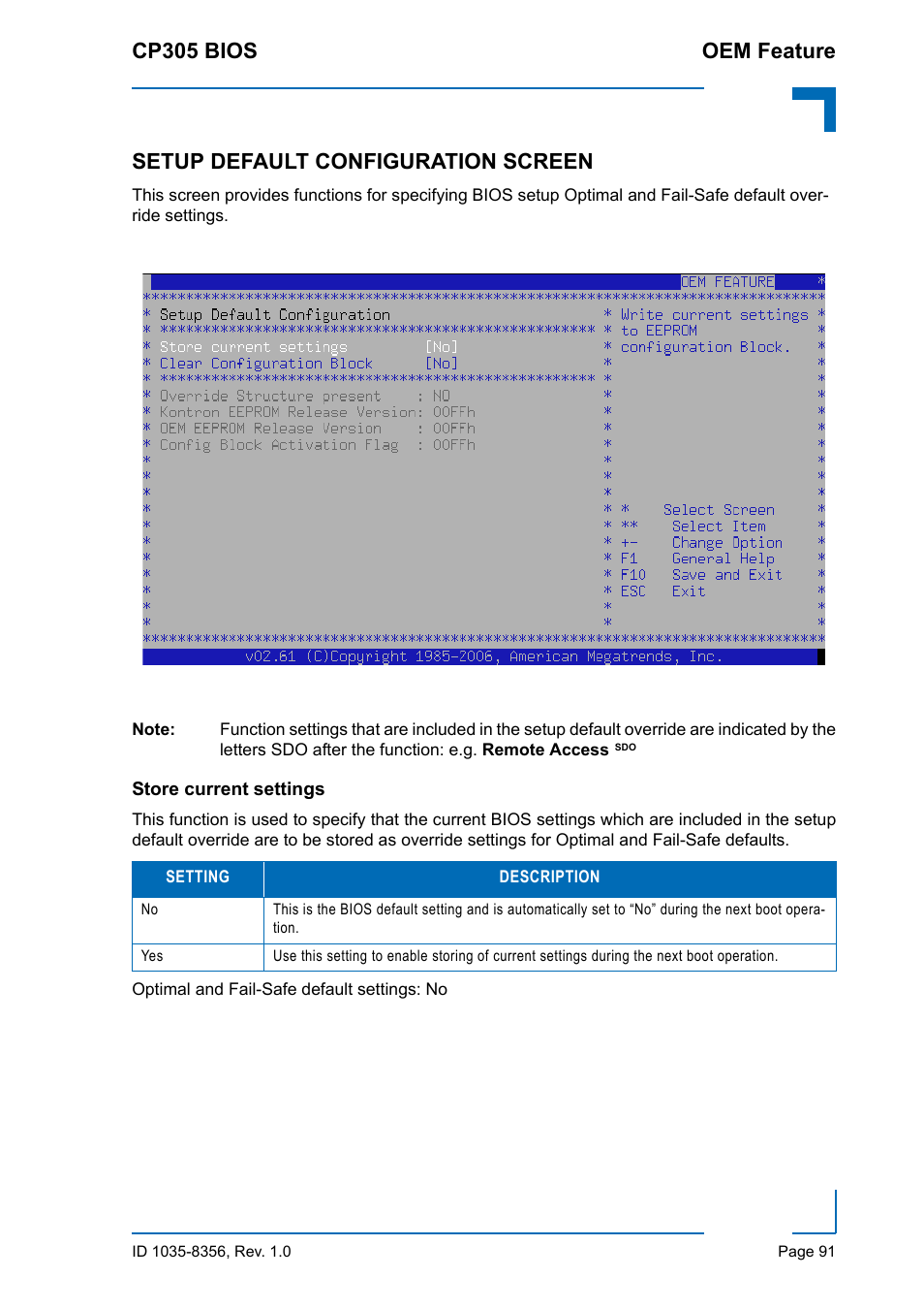 Setup default configuration screen, Store current settings, Cp305 bios oem feature | Kontron CP305 BIOS User Manual | Page 101 / 124