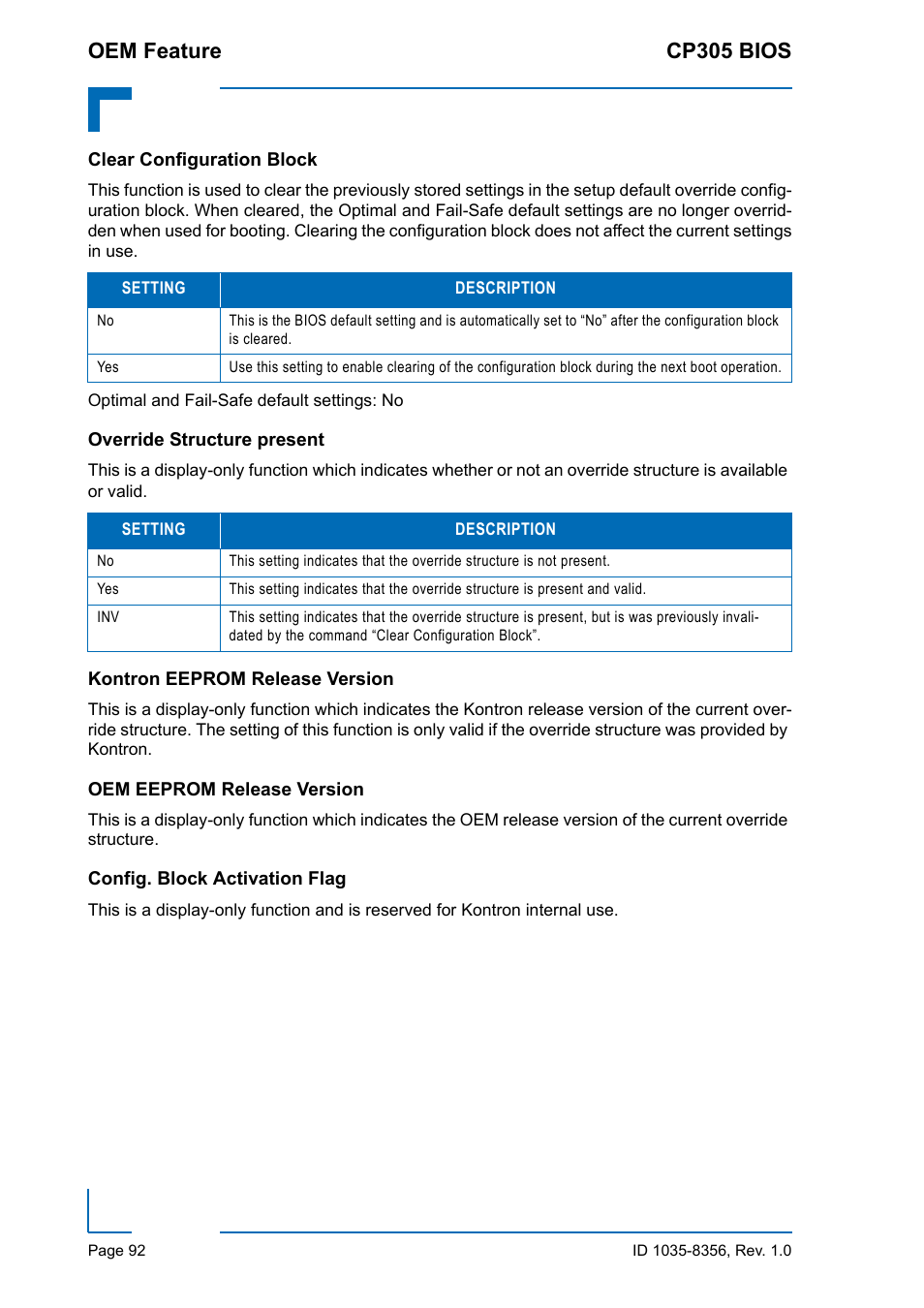 Clear configuration block, Override structure present, Kontron eeprom release version | Oem eeprom release version, Config. block activation flag, Oem feature cp305 bios | Kontron CP305 BIOS User Manual | Page 102 / 124