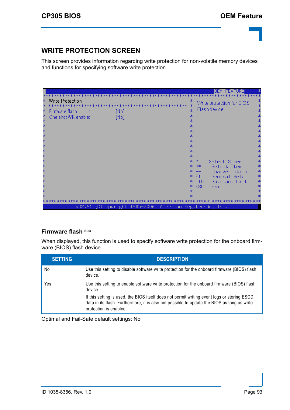 Write protection screen, Firmware flash sdo, Cp305 bios oem feature | Kontron CP305 BIOS User Manual | Page 103 / 124