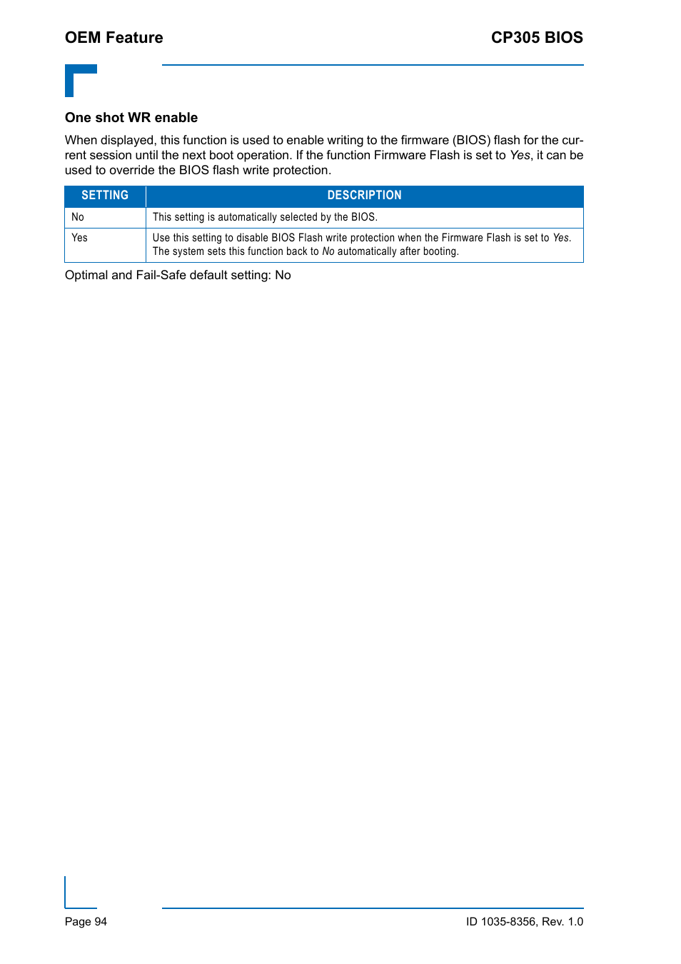 One shot wr enable, Oem feature cp305 bios | Kontron CP305 BIOS User Manual | Page 104 / 124