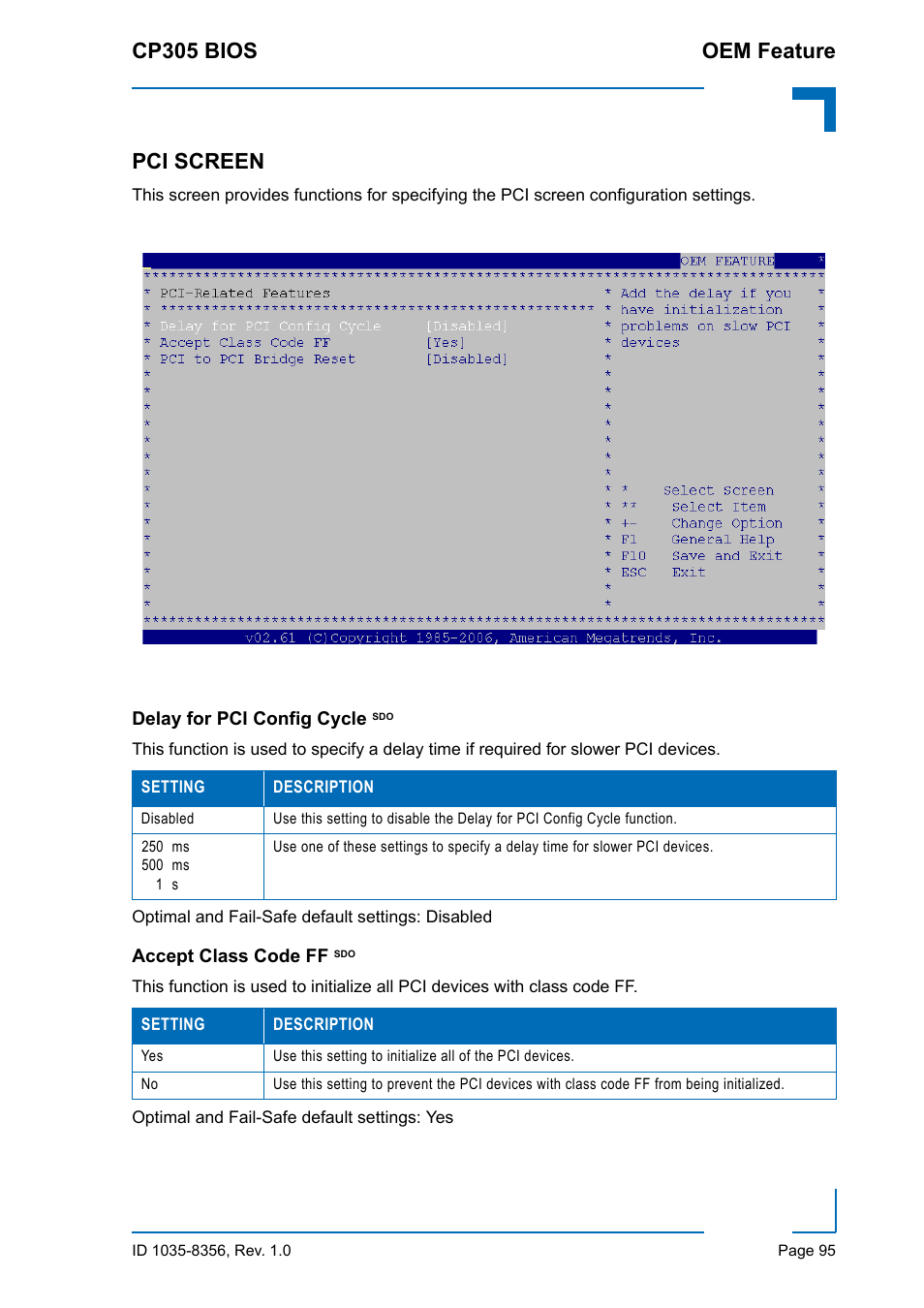 Pci screen, Delay for pci config cycle sdo, Accept class code ff sdo | Cp305 bios oem feature | Kontron CP305 BIOS User Manual | Page 105 / 124